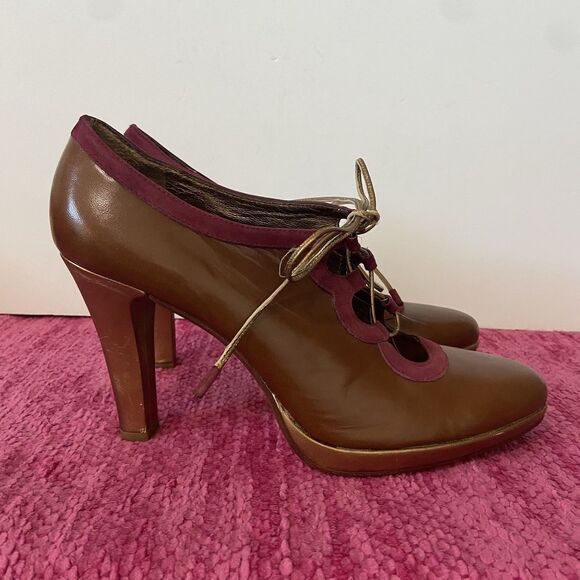 Leifsdottir Lace Up Leather Heels Brown Gold Burgundy Size 9B - Picture 2 of 11